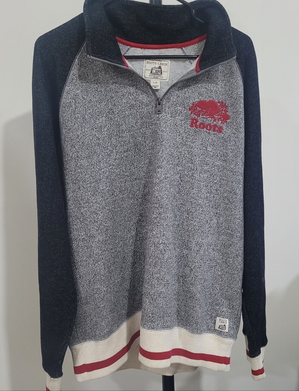 Roots Men’s Gray and Black Quarter-Zip Sweater with Red Logo and Cream Trim